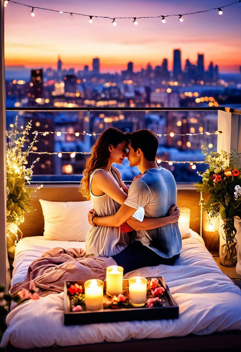 A romantic setting featuring a candlelit dinner on a cozy rooftop, adorned with fairy lights and a skyline view. Include a couple sharing a heartfelt moment, surrounded by soft pillows and a bouquet of flowers, capturing an intimate atmosphere. Add elements representing warmth and connection, such as intertwined hands and glowing hearts in the background. watercolor style. warm colors. soft focus.