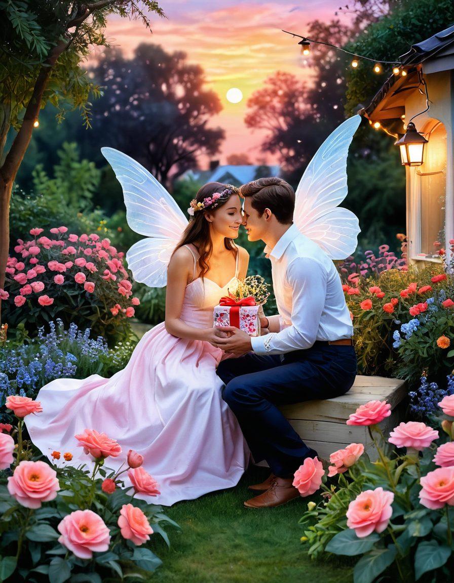 A whimsical scene depicting two soulmates sharing a heartfelt moment in a lush garden filled with vibrant flowers and twinkling fairy lights. They are exchanging gifts wrapped in colorful paper, radiating joy and love. Soft pastel colors and a dreamy sunset enhance the romantic atmosphere, symbolizing affection and attachment. Capturing the essence of Valentine’s Day in a charming, illustrative style. watercolor painting. vibrant colors.