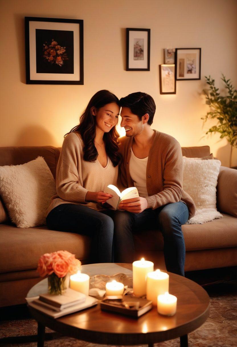A cozy living room setting adorned with soft lighting, candles, and fresh flowers. A couple sharing a heartfelt moment, exchanging handwritten love letters with smiles. Personal touches like framed photos of cherished memories on the walls, and a heart-shaped cake on the coffee table. Capturing a warm, inviting atmosphere of intimacy and togetherness. super-realistic. warm colors. inviting ambiance.